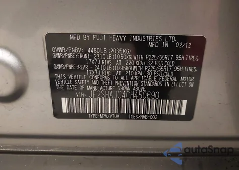 2012 Subaru Forester 2.5X Premium z USA, uszkodzony, nr VIN JF2SHADC4CH450690